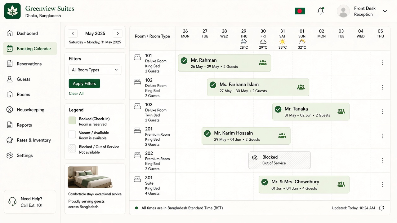 Hisab BD hotel room calendar